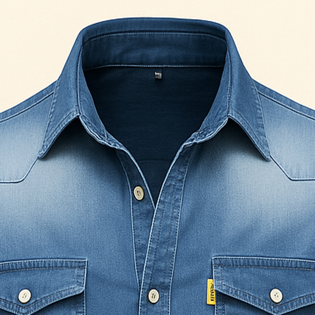 Denim Langarmhemd Knopfleiste mit Brusttaschen fuer Herren 4