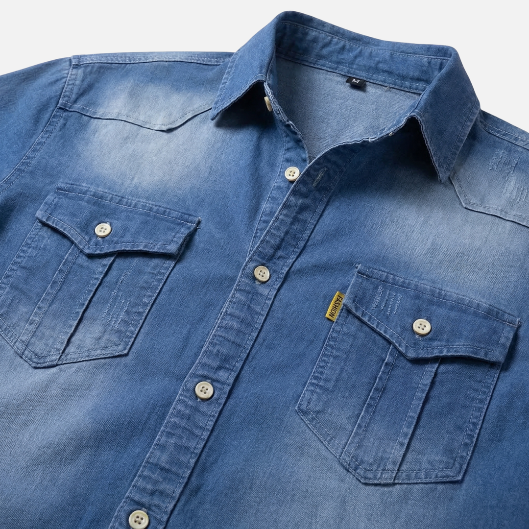 Denim Langarmhemd Knopfleiste mit Brusttaschen fuer Herren 5
