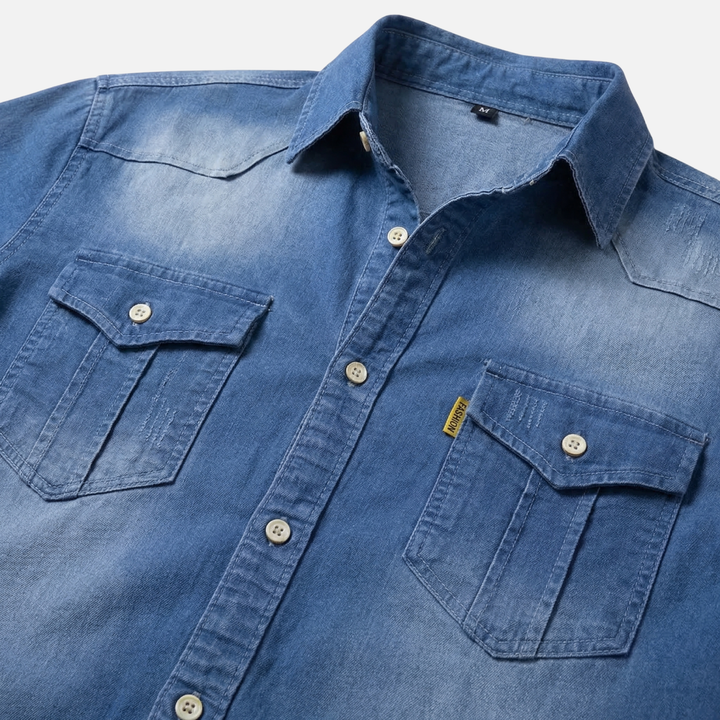 Denim Langarmhemd Knopfleiste mit Brusttaschen fuer Herren 5