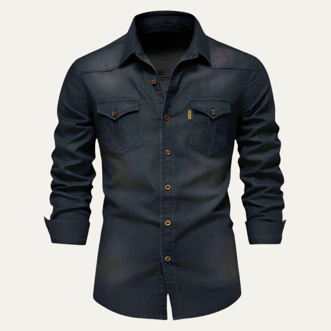 Denim Langarmhemd Knopfleiste mit Brusttaschen fuer Herren 7