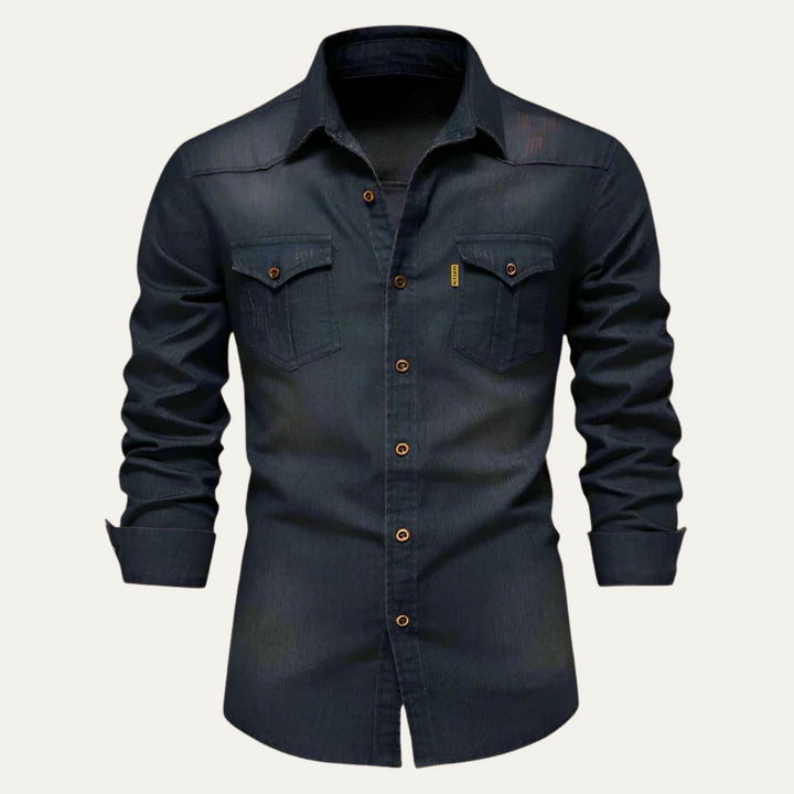 Denim Langarmhemd Knopfleiste mit Brusttaschen fuer Herren 7