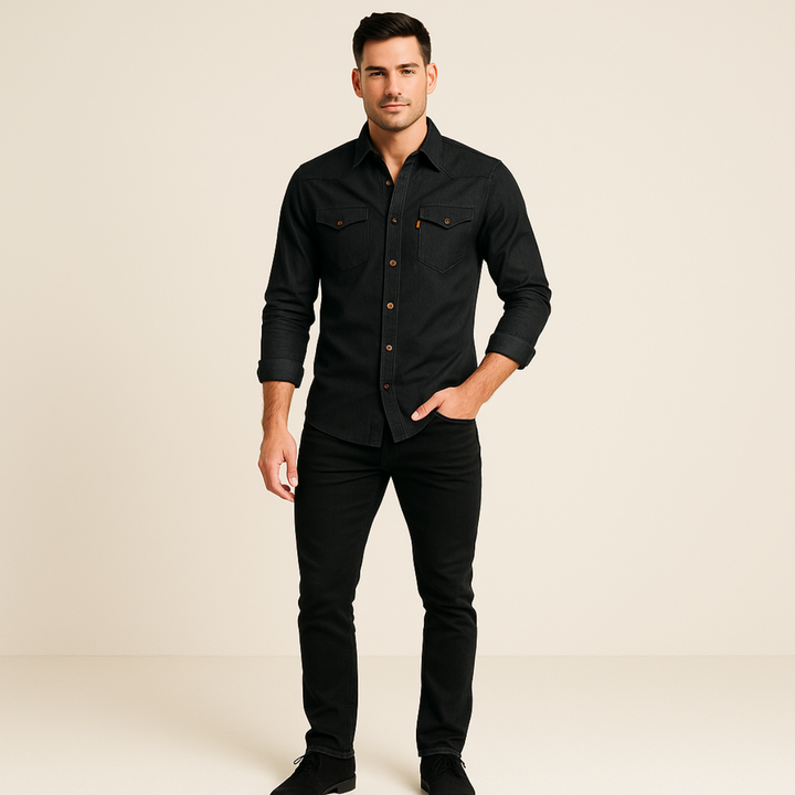 Denim Langarmhemd Knopfleiste mit Brusttaschen fuer Herren 8