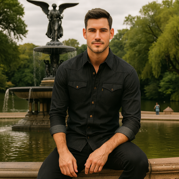 Denim Langarmhemd Knopfleiste mit Brusttaschen fuer Herren 9