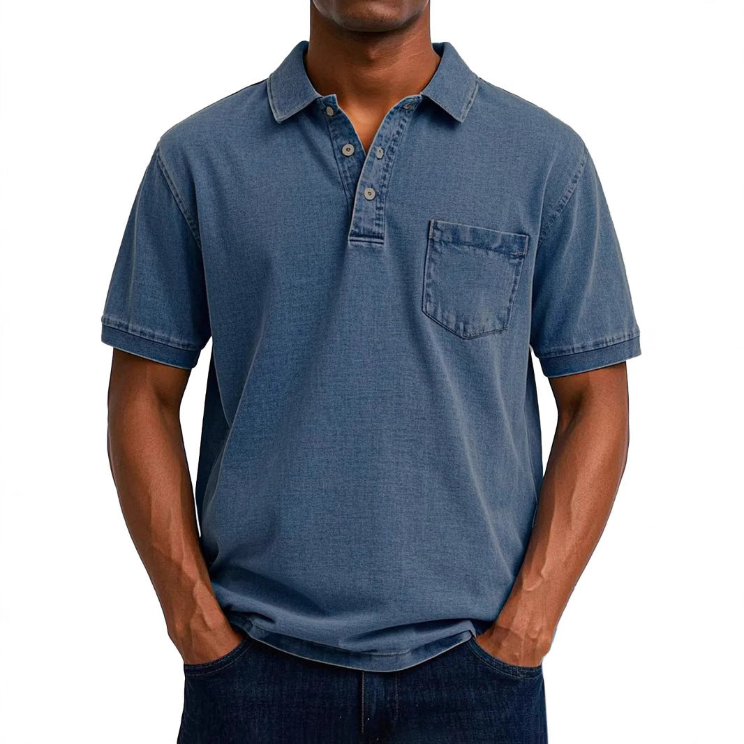 Denim-Polohemd für Herren – Vintage mit Kurzarm und Brusttasche 1
