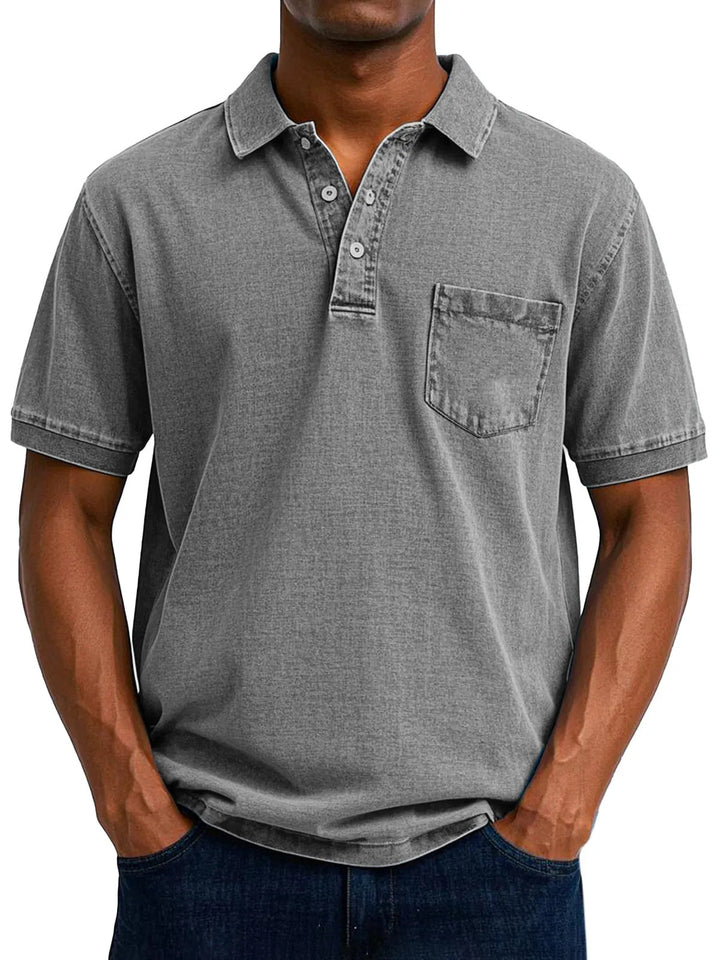 Denim-Polohemd für Herren – Vintage mit Kurzarm und Brusttasche 2