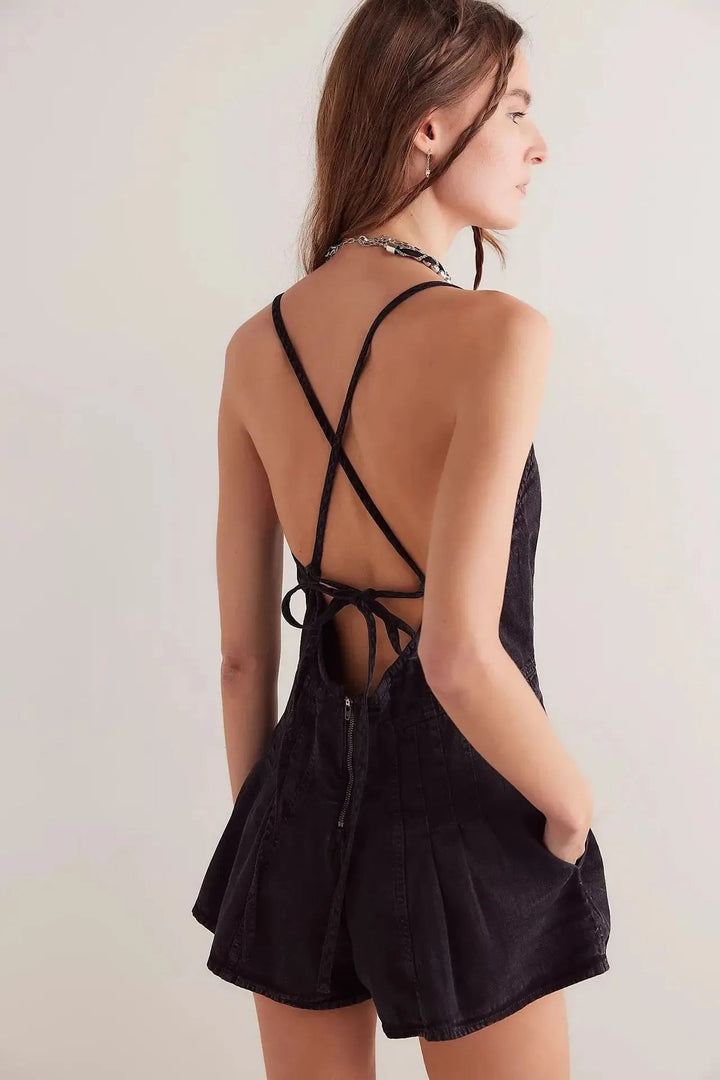 Denim-Romper-Short für Damen – Tiefer V-Ausschnitt & Cross-Back-Binde 12