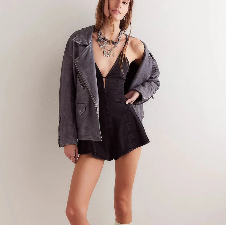 Denim-Romper-Short für Damen – Tiefer V-Ausschnitt & Cross-Back-Binde 4