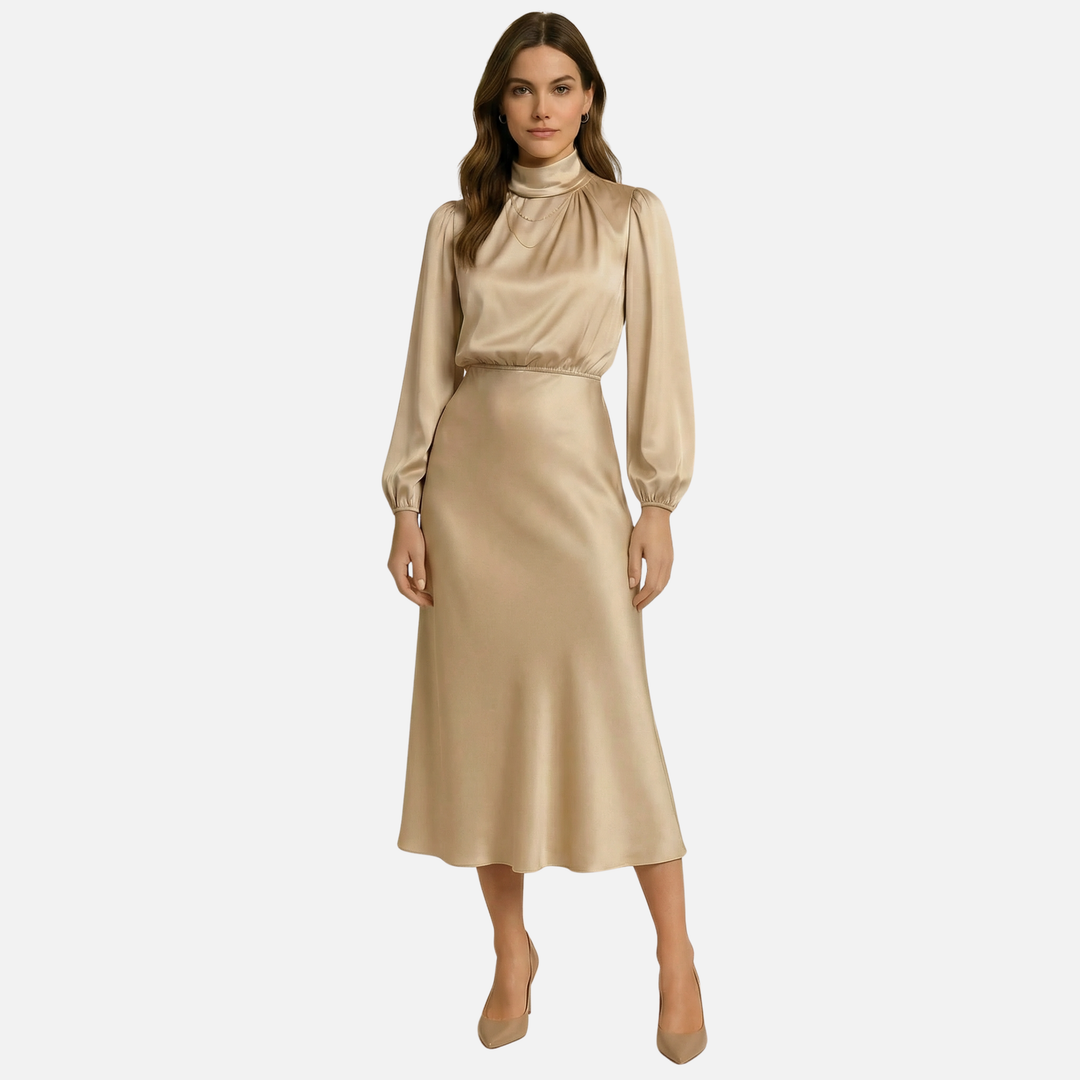 Elegantes Midikleid mit hohem Bund und langen Ärmeln für Damen