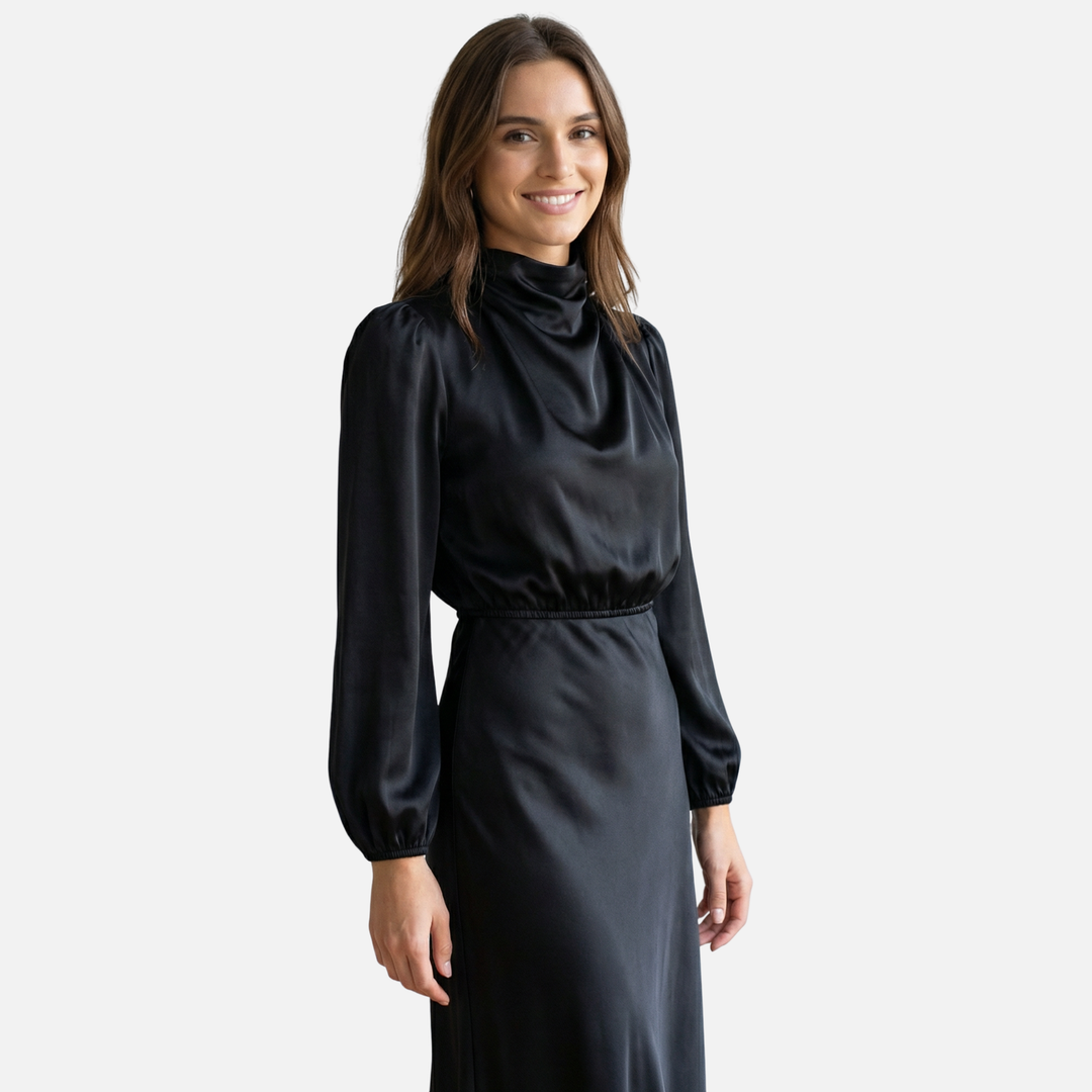 Elegantes Midikleid mit hohem Bund und langen Ärmeln für Damen