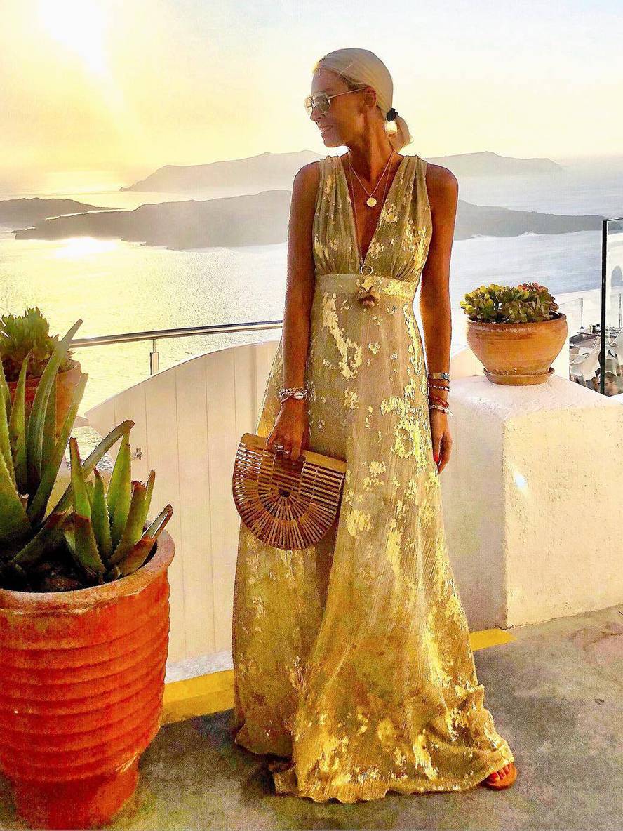 Elegantes Paillettenkleid Bronze V Ausschnitt Aermellos fuer Damen 5