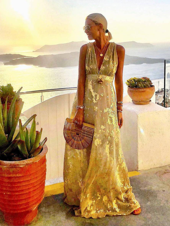 Elegantes Paillettenkleid Bronze V Ausschnitt Aermellos fuer Damen 5