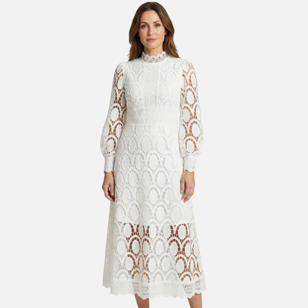 Elegantes Spitzenkleid Hochgeschlossenes Midi A-Linien Kleid für Damen