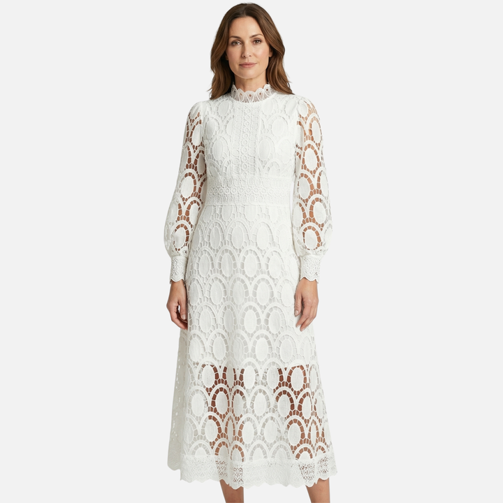 Elegantes Spitzenkleid Hochgeschlossenes Midi A-Linien Kleid für Damen