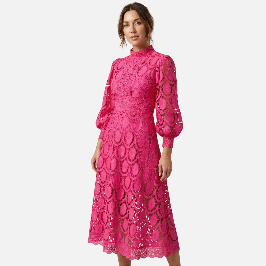 Elegantes Spitzenkleid Hochgeschlossenes Midi A-Linien Kleid für Damen