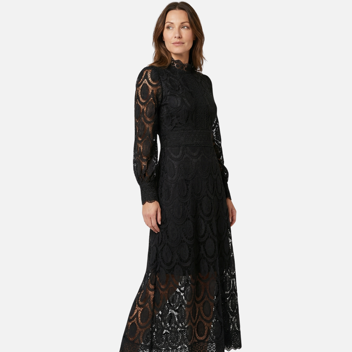 Elegantes Spitzenkleid Hochgeschlossenes Midi A-Linien Kleid für Damen