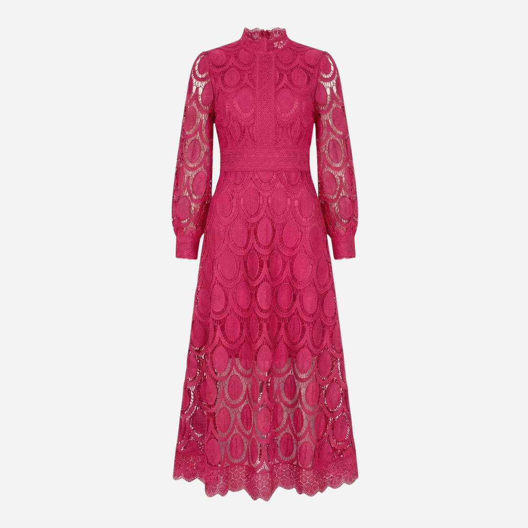 Elegantes Spitzenkleid Hochgeschlossenes Midi A-Linien Kleid für Damen