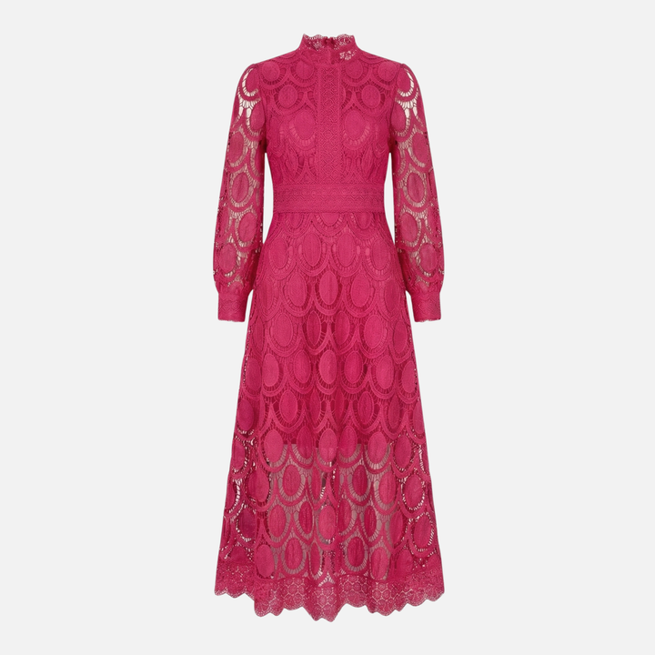 Elegantes Spitzenkleid Hochgeschlossenes Midi A-Linien Kleid für Damen