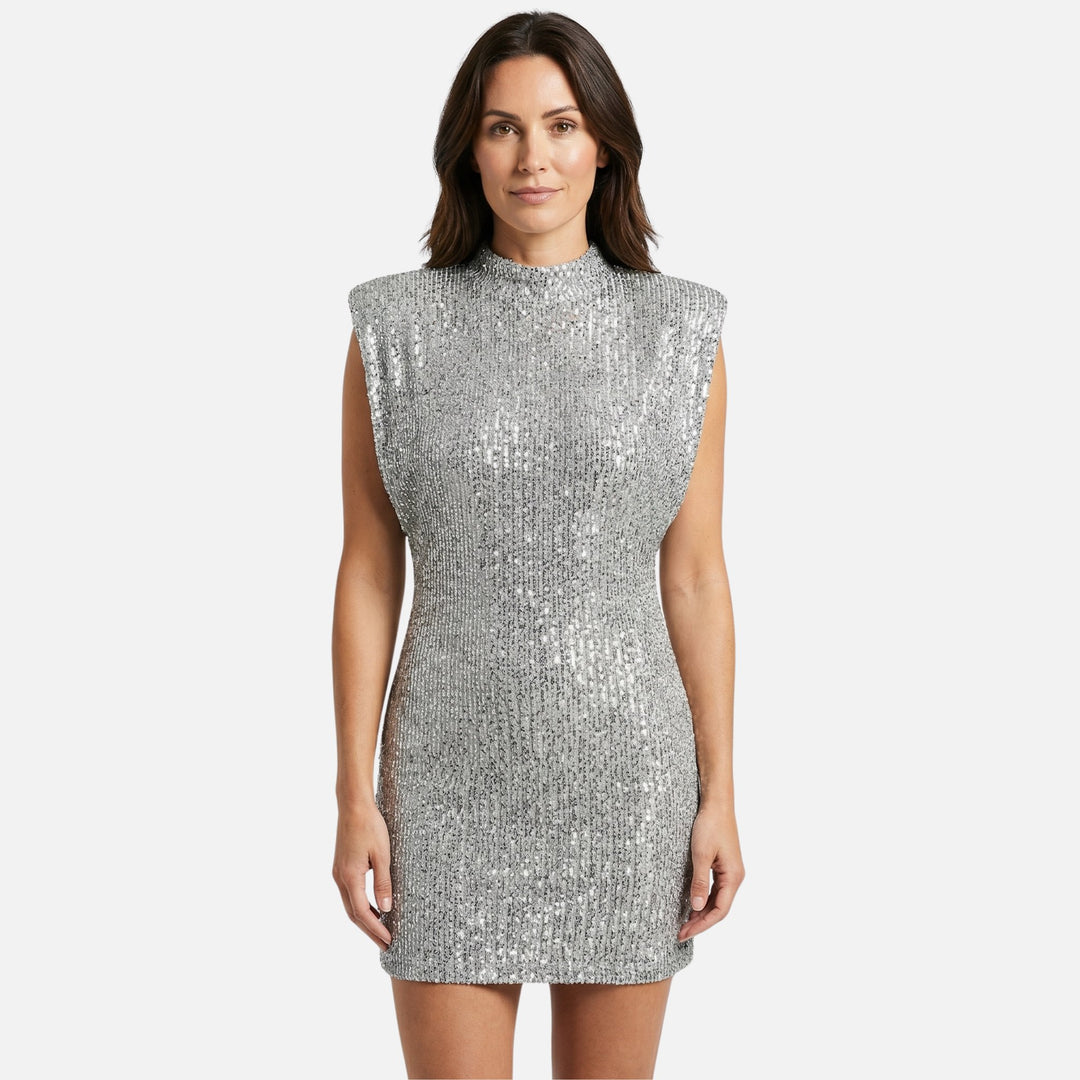 Eng anliegendes Pailletten-Minikleid Stehkragen für Damen