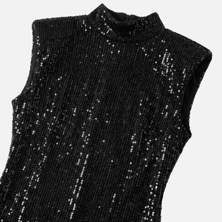 Eng anliegendes Pailletten-Minikleid Stehkragen für Damen