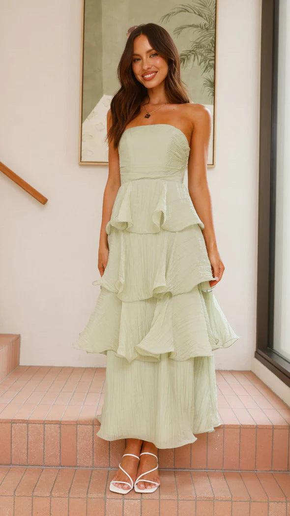 Festliches traegerloses gestuftes Maxikleid mit Rueschen fuer Damen 8