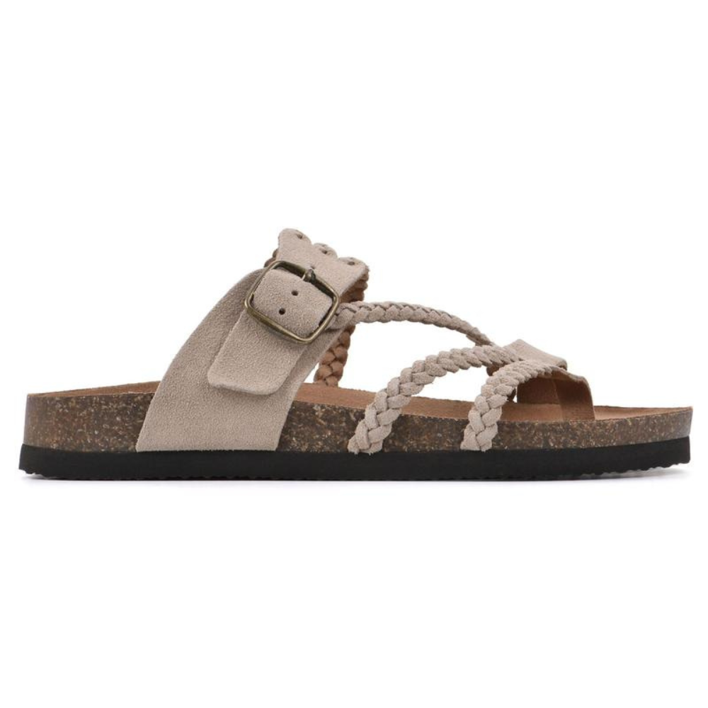 Flache Wildleder Sandalen mit geflochtener Schnalle fuer Damen 3