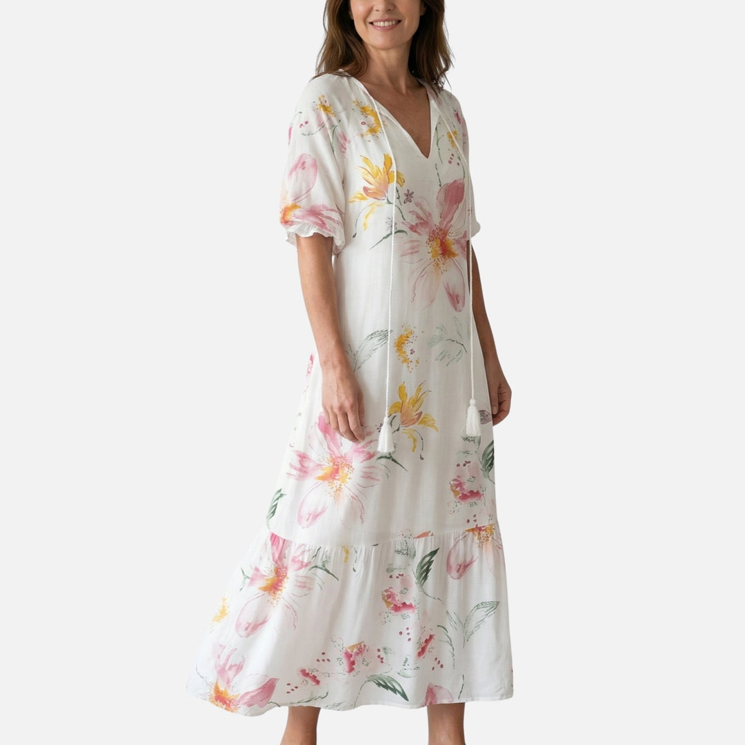 Fließendes Midikleid aus Viskose-Mix mit V-Ausschnitt für Damen