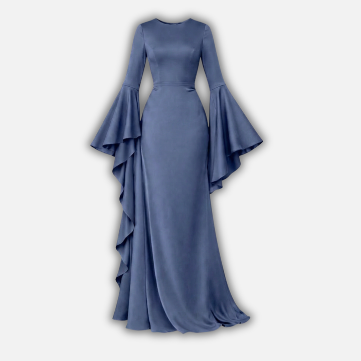 Frauen Langärmliges Drapiertes Maxi-Kleid mit Ausgestelltem Saum