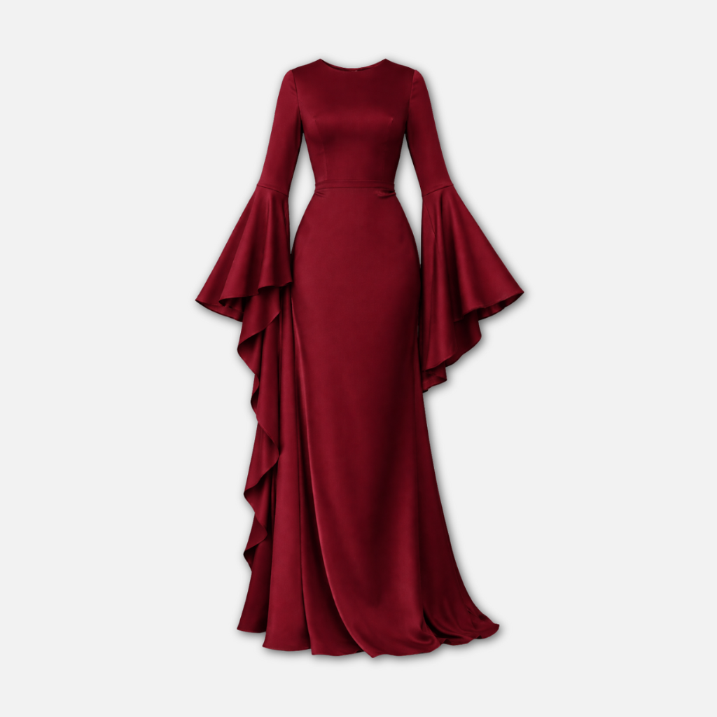 Frauen Langärmliges Drapiertes Maxi-Kleid mit Ausgestelltem Saum
