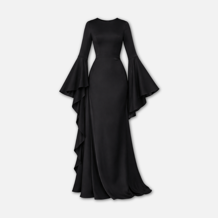 Frauen Langärmliges Drapiertes Maxi-Kleid mit Ausgestelltem Saum