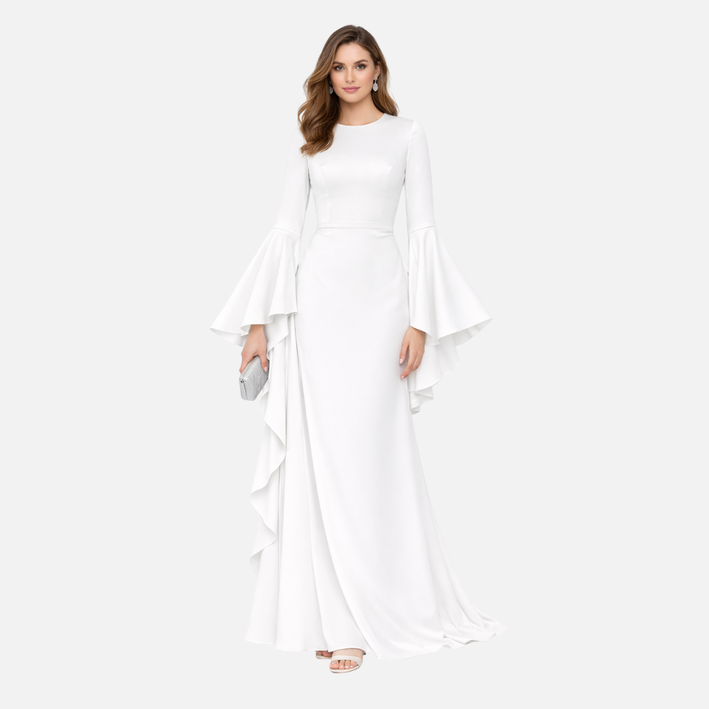 Frauen Langärmliges Drapiertes Maxi-Kleid mit Ausgestelltem Saum