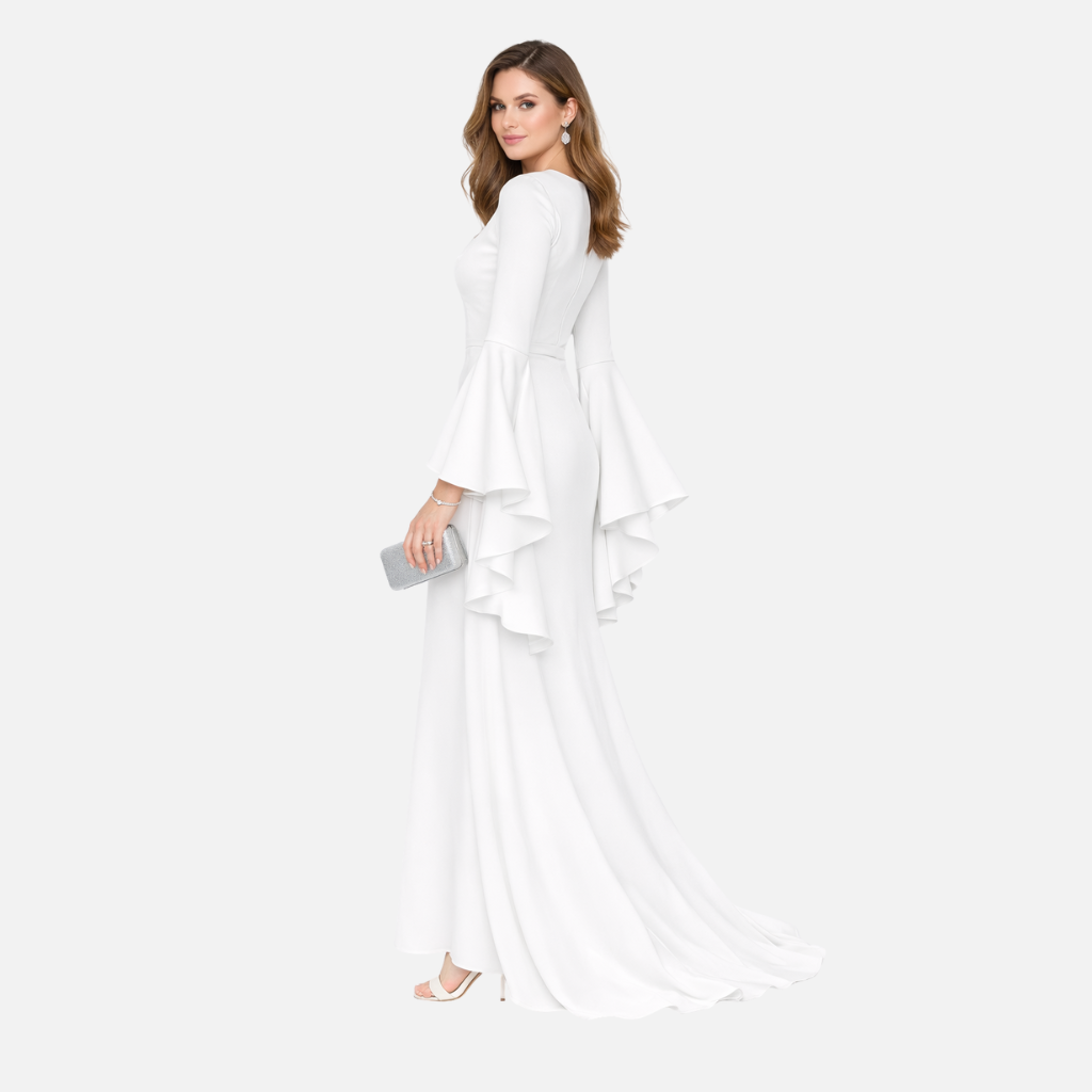 Frauen Langärmliges Drapiertes Maxi-Kleid mit Ausgestelltem Saum