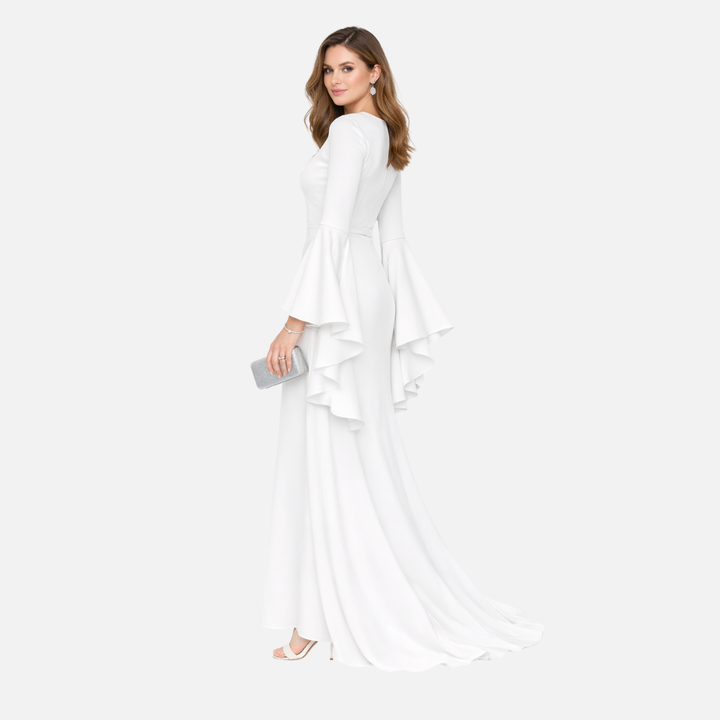 Frauen Langärmliges Drapiertes Maxi-Kleid mit Ausgestelltem Saum
