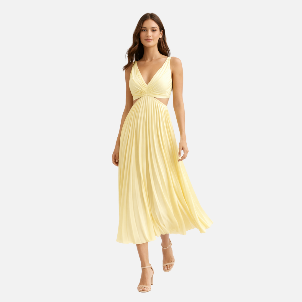 Frauen Plissiertes Midi-Kleid mit V-Ausschnitt und Cut-Out-Detail