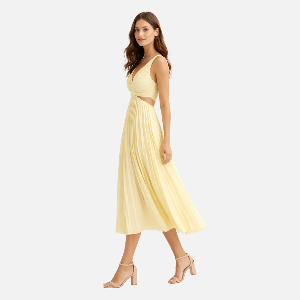 Frauen Plissiertes Midi-Kleid mit V-Ausschnitt und Cut-Out-Detail