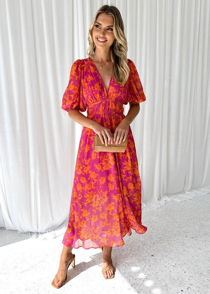 Geblümt-Midikleid für Damen – Mit Puffärmeln und V-Ausschnitt 1