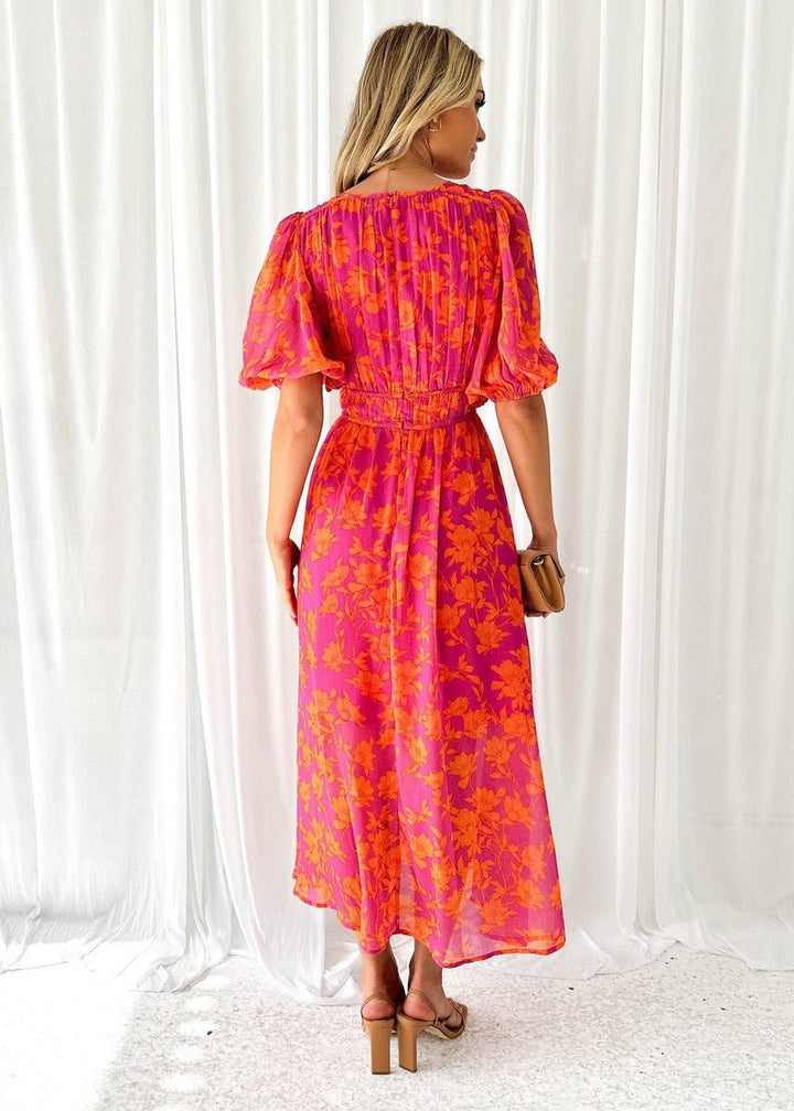 Geblümt-Midikleid für Damen – Mit Puffärmeln und V-Ausschnitt 3