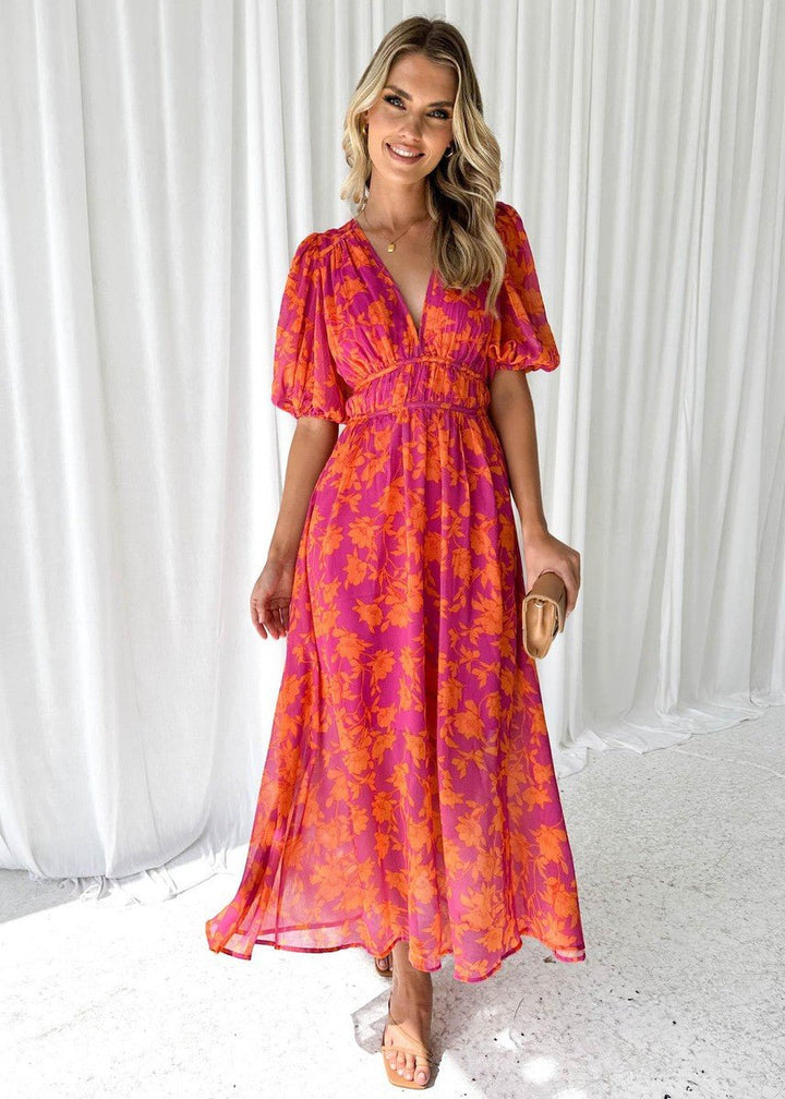 Geblümt-Midikleid für Damen – Mit Puffärmeln und V-Ausschnitt 4