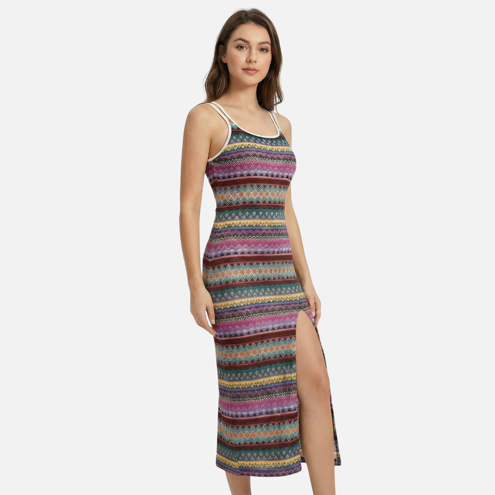 Gestreiftes Tank Maxi Kleid mit seitlichem Schlitz für Damen