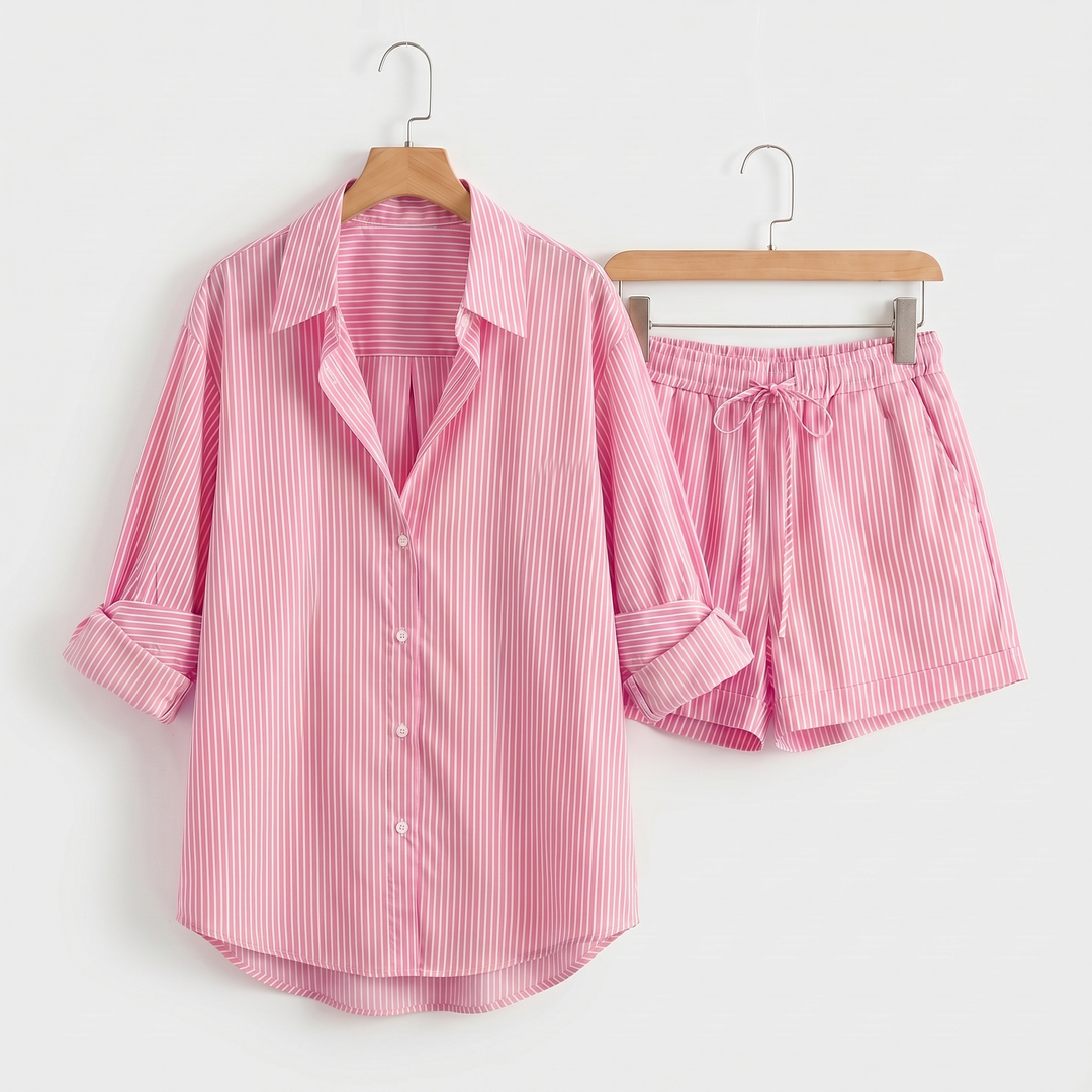 Gestreiftes Baumwoll Shirt Tunnelzug Shorts Set fuer Damen 10