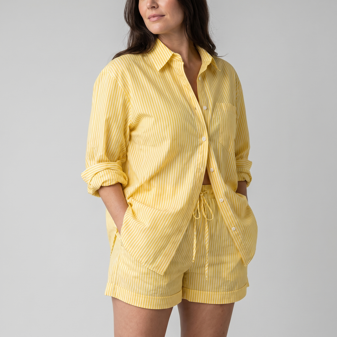 Gestreiftes Baumwoll Shirt Tunnelzug Shorts Set fuer Damen 3