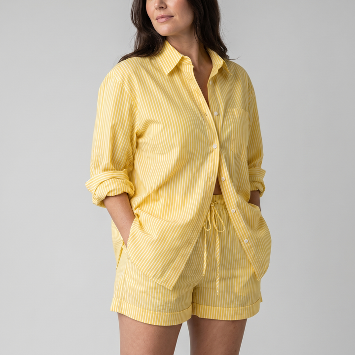 Gestreiftes Baumwoll Shirt Tunnelzug Shorts Set fuer Damen 3