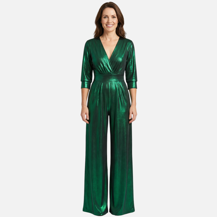 Glänzender Jumpsuit – Weites Bein mit V-Ausschnitt für Damen