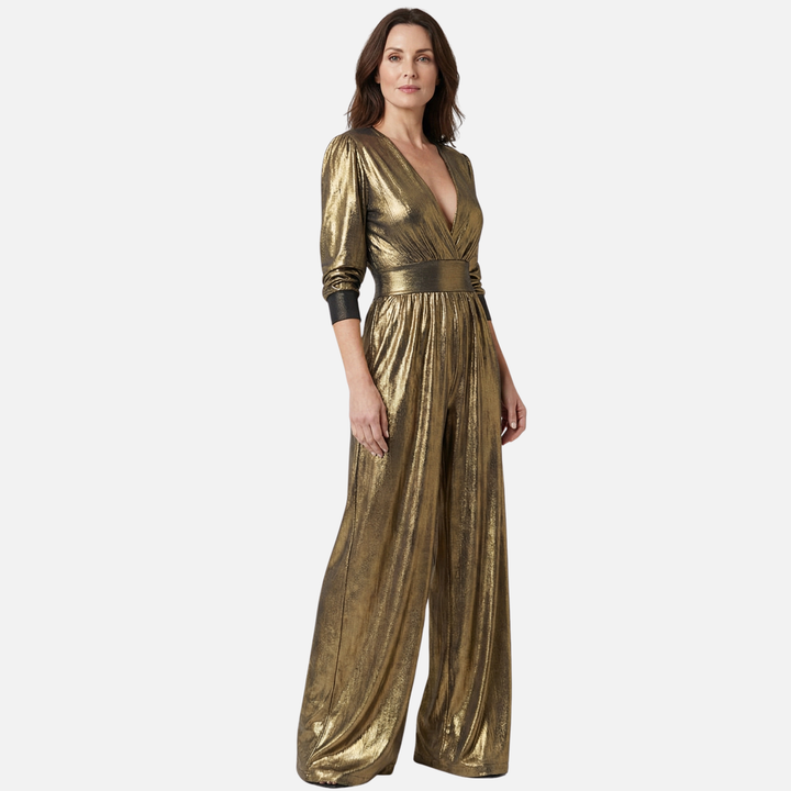 Glänzender Jumpsuit – Weites Bein mit V-Ausschnitt für Damen