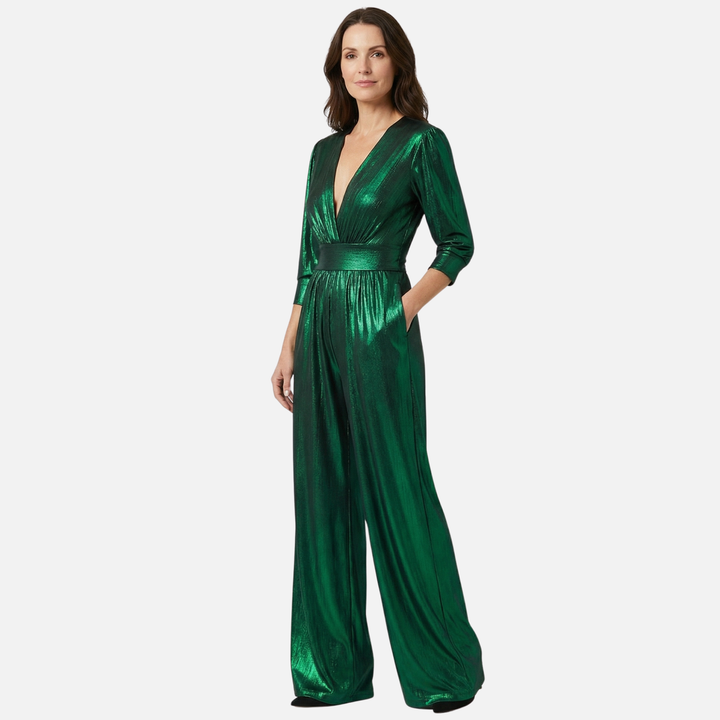 Glänzender Jumpsuit – Weites Bein mit V-Ausschnitt für Damen