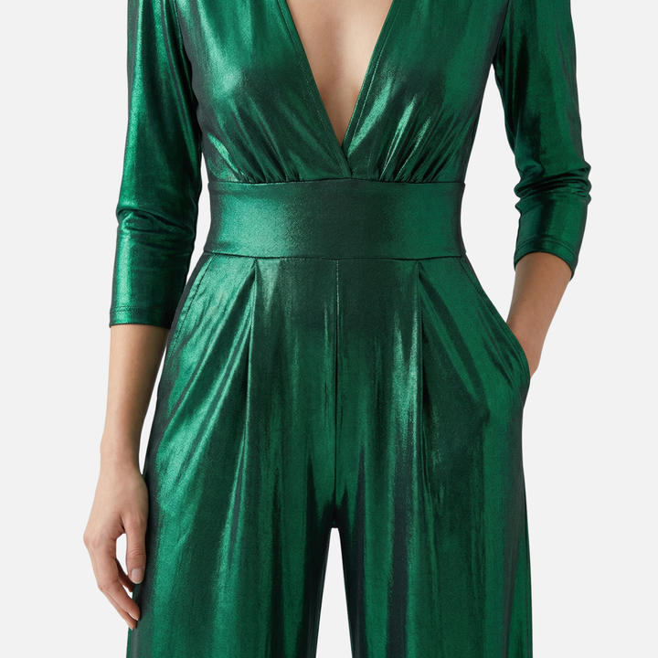 Glänzender Jumpsuit – Weites Bein mit V-Ausschnitt für Damen