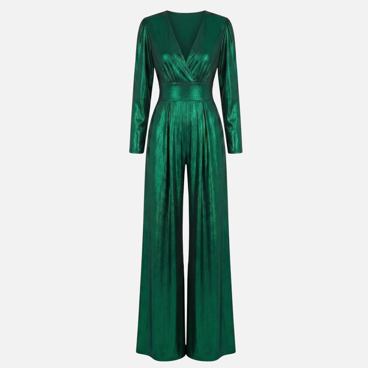 Glänzender Jumpsuit – Weites Bein mit V-Ausschnitt für Damen