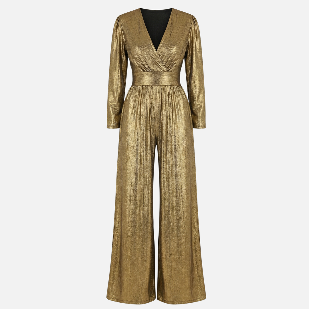 Glänzender Jumpsuit – Weites Bein mit V-Ausschnitt für Damen
