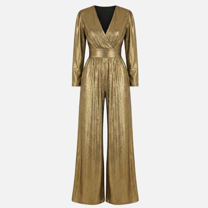 Glänzender Jumpsuit – Weites Bein mit V-Ausschnitt für Damen