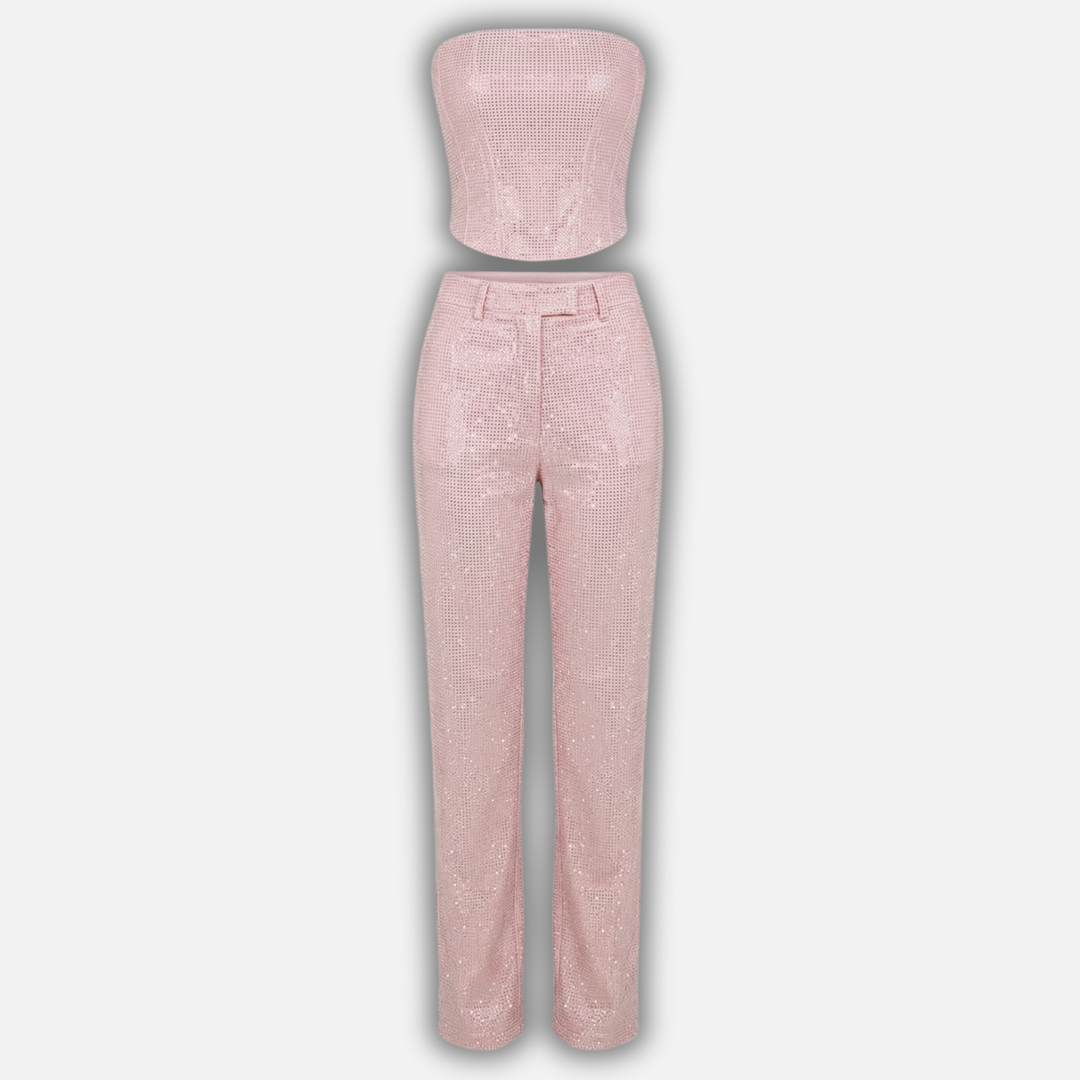 Glitzerndes Hosen Set mit hochtaillierten Jeans für Damen