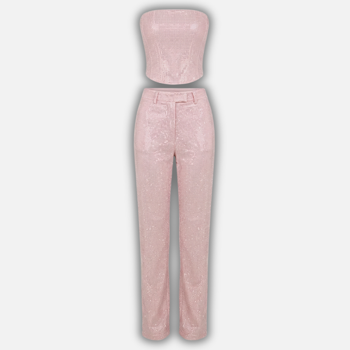 Glitzerndes Hosen Set mit hochtaillierten Jeans für Damen